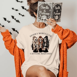 Spooky Mom&#39;s Club Caffeine Required Shirt, Cool Moms Club Hoodie, Retro Halloween Mama Sweatshirt, Spooky Mama