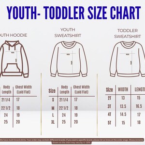 The image is a youth size chart that provides measurements for three different types of sweatshirts: a youth hoodie, a youth sweatshirt, and a toddler sweatshirt. The chart includes size and length measurements for each type of sweatshirt, allowing for a clear understanding of the different sizes available for each age group.