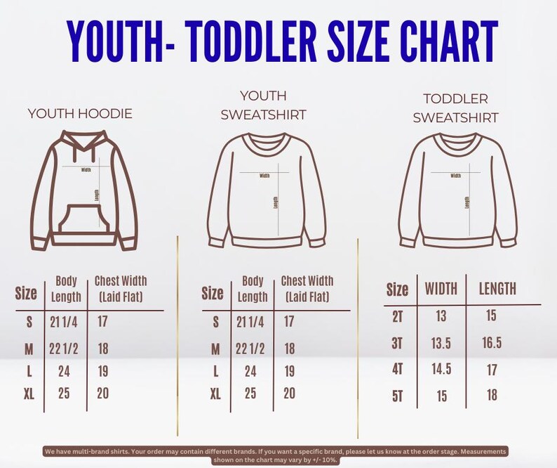 The image is a youth size chart that provides measurements for three different types of sweatshirts: a youth hoodie, a youth sweatshirt, and a toddler sweatshirt. The chart includes size and length measurements for each type of sweatshirt, allowing for a clear understanding of the different sizes available for each age group.