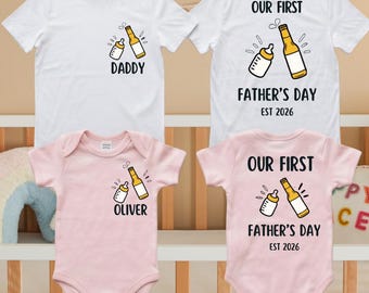 Our First Fathers Day 2026 Matching Shirts, Funny Daddy and Baby Matching Tshirt, First Time Dad Gift Tee, Custom Name Baby Bodysuit