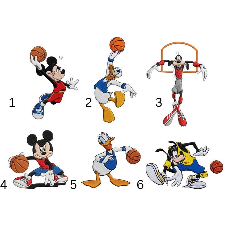 six cartoon characters, each holding a basketball, arranged in a grid.