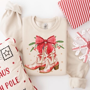 Western Christmas Cowboy Boots Sweatshirt, Christmas Coquette Boots Shirt, Christmas Cowboy TShirt, Retro Christmas Shirt, Cowgirl Boots Tee