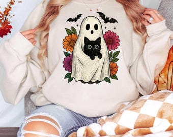 Ghost Cat Floral Halloween Shirt, Cute Ghost And Cat Sweatshirt, Ghost Cat Floral Halloween Sweater, Halloween Floral Ghost With Cat Tee