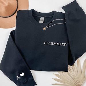 Custom Numeral Sweatshirt, Custom Initial Heart Sweatshirt, Couple Shirt, Anniversary Gift, Personalized Gift Date Hoodie Initial on Sleeve