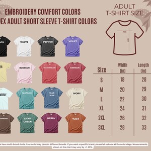 a collection of t-shirt colors and sizes, including adult short sleeve t-shirts in various styles and designs.