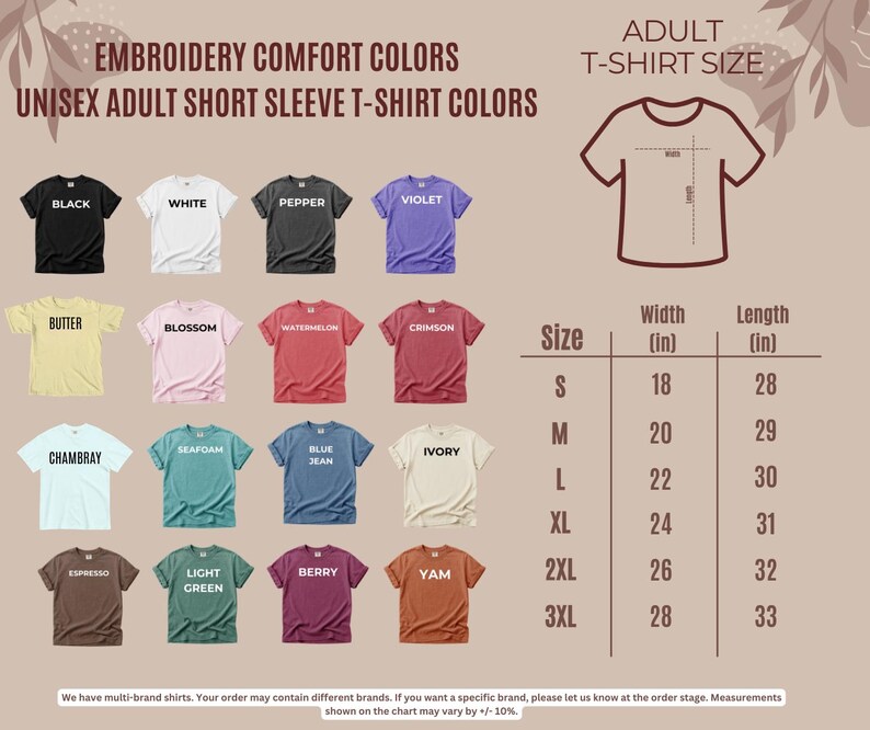 a collection of t-shirt colors and sizes, including adult short sleeve t-shirts in various styles and designs.