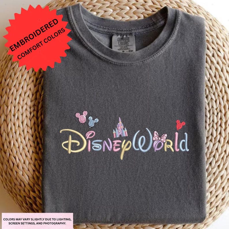 A gray t-shirt with the text "DisneyWorld" embroidered on it, along with various Disney-themed characters such as Mickey Mouse and Minnie Mouse.