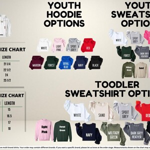 The image is a collage of various youth clothing options, including hoodies and sweatshirts, along with a toddler size chart. The chart provides size information and color options for different age groups.