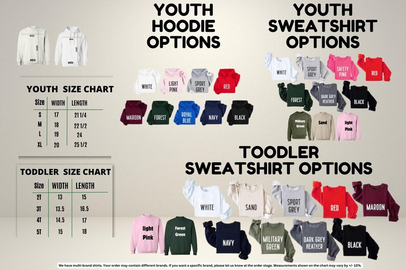 The image is a collage of various youth clothing options, including hoodies and sweatshirts, along with a toddler size chart. The chart provides size information and color options for different age groups.