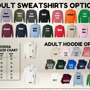 a collection of adult sweatshirts and hoodies in various colors and sizes, along with a size chart for selecting the appropriate size.