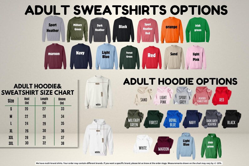a collection of adult sweatshirts and hoodies in various colors and sizes, along with a size chart for selecting the appropriate size.