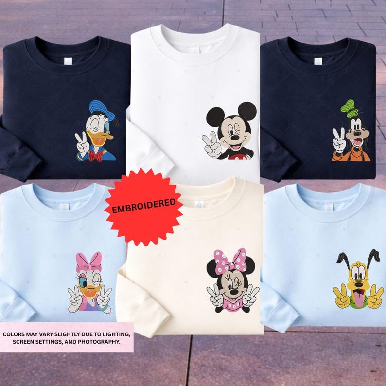 six t-shirts with Disney characters printed on them, including Mickey Mouse, Minnie Mouse, Goofy, Donald Duck, and Pluto.
