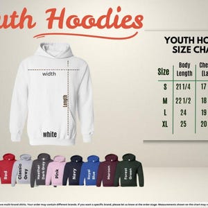 The image is a youth hoodie size chart, which includes a white hoodie with measurements and a variety of different colored hoodies.