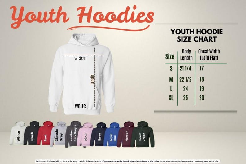 The image is a youth hoodie size chart, which includes a white hoodie with measurements and a variety of different colored hoodies.