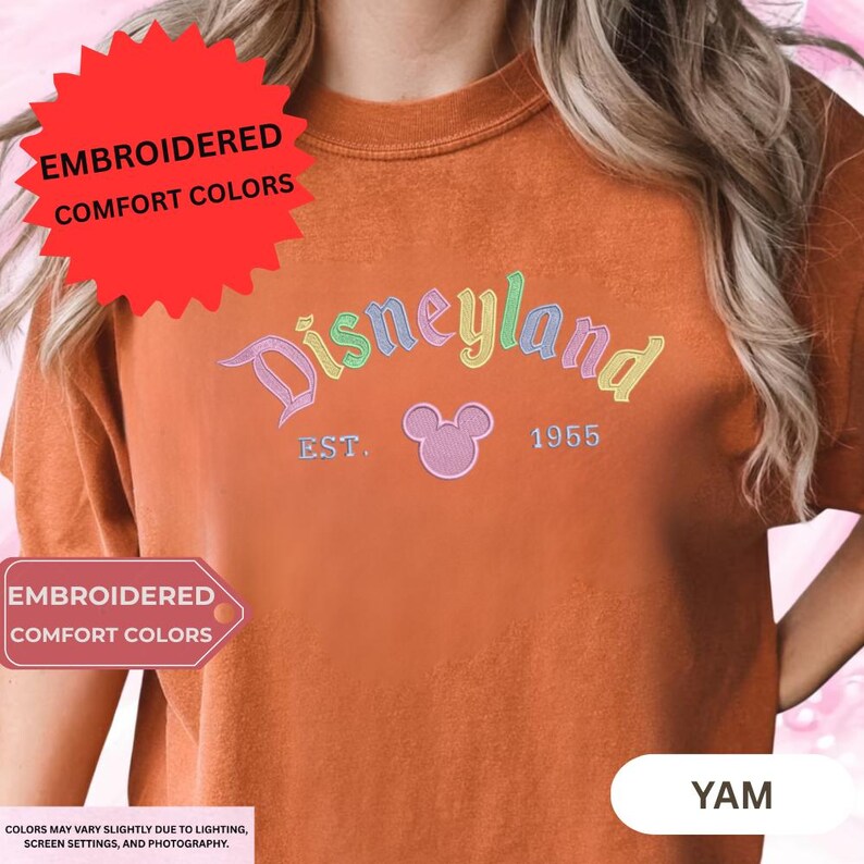 The image is an advertisement for an embroidered t-shirt featuring the Disneyland logo and text.