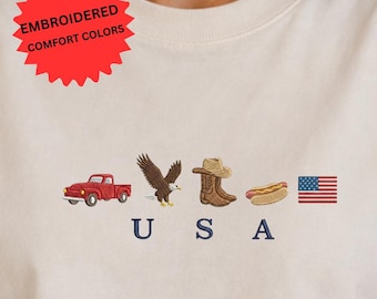 Embroidered USA Icons Shirt, Patriotic 4th of July TShirt, American Flag Tee, Cowboy Western Country America Shirts