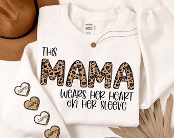Custom Leopard Mama Sweatshirt With Kid Name On Sleeve, Personalized Mom Sweatshirt, Gift For Mom, Mothers Day Gift,Mama Est 2025 Sweatshirt