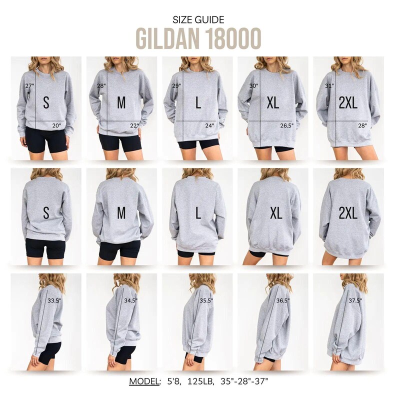 The image is a size guide for GILDA 1800 sweatshirts, showing the different sizes available in a collage of 12 images.