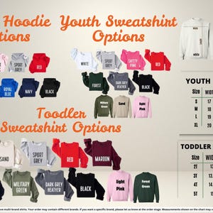 a variety of youth hoodie and youth sweatshirt options, including different colors, styles, and sizes. The image also includes a youth size chart that provides information about the size and length of the clothing items.