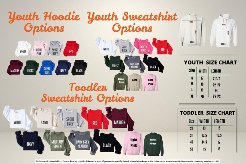 a variety of youth hoodie and youth sweatshirt options, including different colors, styles, and sizes. The image also includes a youth size chart that provides information about the size and length of the clothing items.