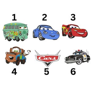 six different cartoon cars, including a green bus, a blue car, a red car, a brown truck, a black car, and a police car, each with unique designs and colors.