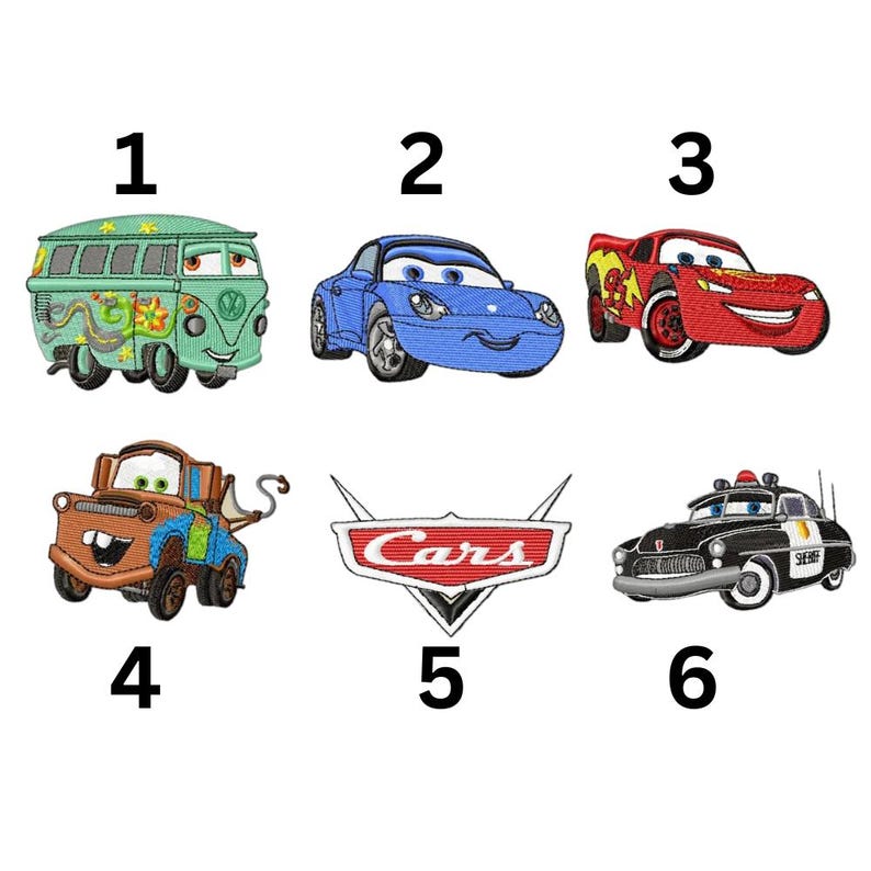 six different cartoon cars, including a green bus, a blue car, a red car, a brown truck, a black car, and a police car, each with unique designs and colors.