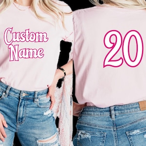 Hot Pink Custom Name Number Dolls Themed Font Shirt, Custom Doll Font Style Sports Team Name And Number T-Shirt, Girly Pink Name T-Shirt