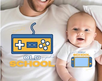 Custom Father Son Matching Gaming Shirts, ,Old School New School Matching Shirts, Father Tee, Personalized Dad And Baby Video Game Tees,