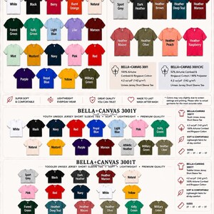 The image is a color swatch guide for various t-shirt colors, including solid colors, youth colors, and different shades of the same color. It provides a visual representation of the available color options for t-shirt designs.