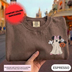 A brown t-shirt with a Minnie Mouse and a ghost character printed on it, along with a red starburst logo and text indicating that the colors may be slightly faded and that the shirt is embroidered.