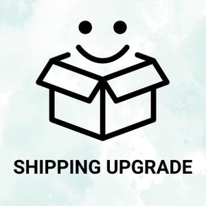 May include: Black line art illustration of an open cardboard box with a smiling face above it. The text "SHIPPING UPGRADE" is below the box. The background is a light teal watercolor wash.