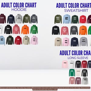 The image is a color chart displaying various adult color charts, including a hoodie and a long sleeve sweatshirt. The chart provides a visual representation of different color options available for these types of clothing items.