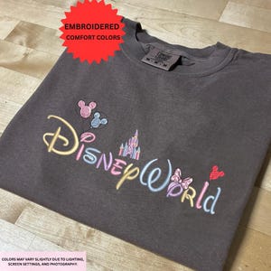 a gray t-shirt with the Disney World logo embroidered on it.