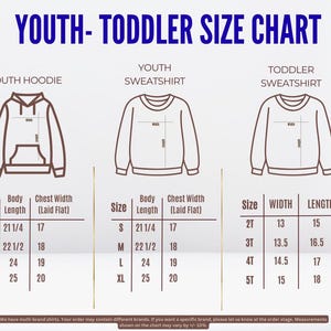 The image is a youth size chart that provides measurements for three different types of sweatshirts: a youth hoodie, a youth sweatshirt, and a toddler sweatshirt. The chart includes size and length measurements for each type of sweatshirt, allowing for a clear understanding of the different sizes available for each age group.