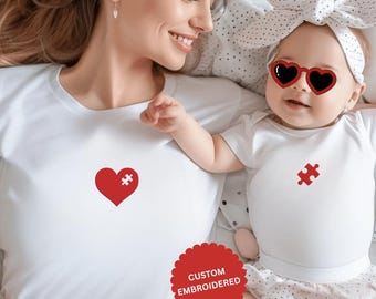 Embroidered Mom And Me Puzzle Shirts, Missing Piece Heart Tee, Matching Mothers Day Gift