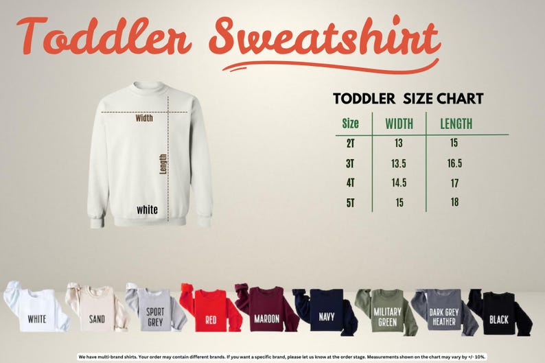 The image is a size chart for a toddler sweatshirt, showing the measurements for different age groups. It includes a white sweatshirt and various colored sweatshirts, along with a table displaying the size and corresponding width and length measurements.