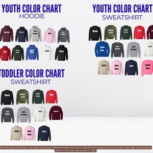 The image is a color chart for youth clothing, including a youth hoodie and a youth sweatshirt. The chart displays various color options for both items, with the hoodie in different colors and the sweatshirt in various shades.