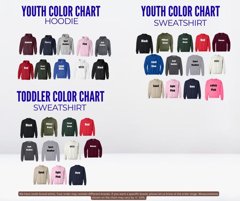 The image is a color chart for youth clothing, including a youth hoodie and a youth sweatshirt. The chart displays various color options for both items, with the hoodie in different colors and the sweatshirt in various shades.