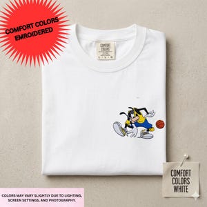 a white t-shirt with a cartoon character printed on it, along with a basketball and a tag indicating that the colors may vary slightly due to lighting, screen settings, and photography.