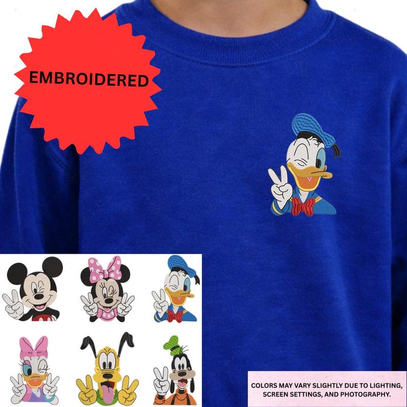 The image is a collage of various Disney character designs, including Mickey Mouse, Minnie Mouse, Donald Duck, Goofy, and Pluto. The colors of the characters may vary slightly due to lighting, screen settings, and photography.