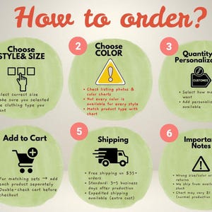 The image is a step-by-step guide on how to order clothing, with six numbered steps and corresponding illustrations.