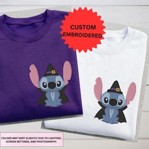 two t-shirts with a purple and white design, including a character wearing a witch's hat.