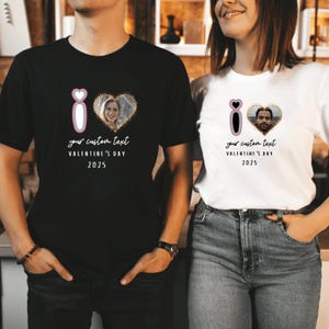 I Love Heart Valentine Day 2025 Custom Photo Shirt, Personalized Valentine's Couple T-shirt, Personalized Couple Heart Your Text Tee