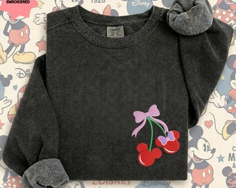 Comfort Color Embroidered Coquette Cherry Bow Sweatshirt, Minimal Disney Sweatshirt