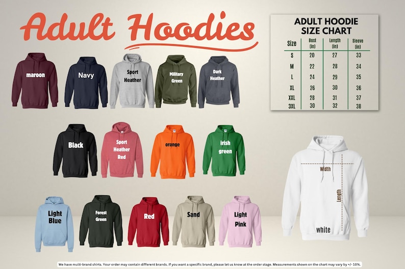 a collection of adult hoodies in various colors and sizes, along with a size chart for selecting the appropriate size.