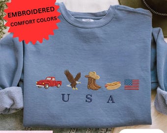 Embroidered USA Icons Comfort Colors Sweatshirt, 4th of July Country Crewneck, Vintage American Flag Embroidered