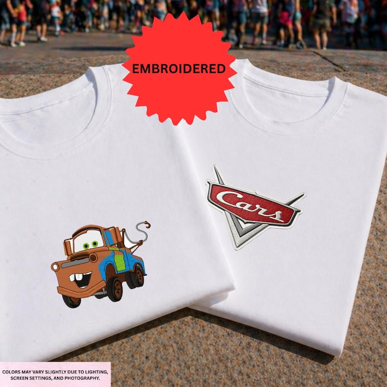 two white t-shirts with a character from the Cars movie printed on them.