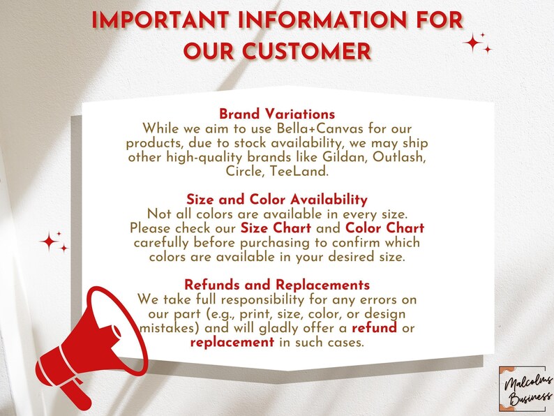 important information for customers about brand variations, size and color availability, and refunds and replacements.