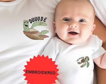 Father Son Matching Turtles Embroidered Shirts, Dude And Lil Dude Shirt, Daddy And Me