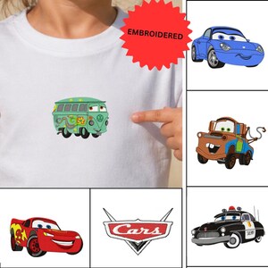 The image is a collage of various cartoon car designs, including a green Volkswagen bus, a blue car, and other colorful vehicles.